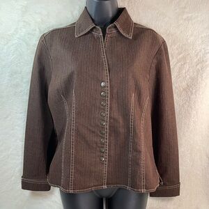Dressbarn Chocolate Brown Denim Jacket Size L Button Front Stretch Jean Jacket
